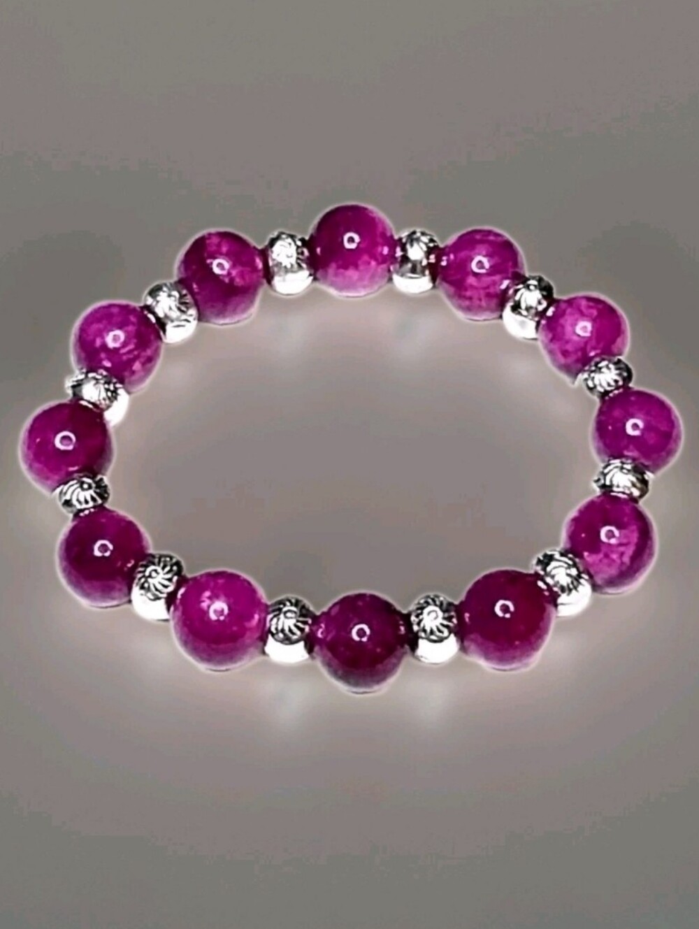 Purple Pink Jade Beaded Stretch Bracelet with Tibetan Silver Flower Spacers Gift